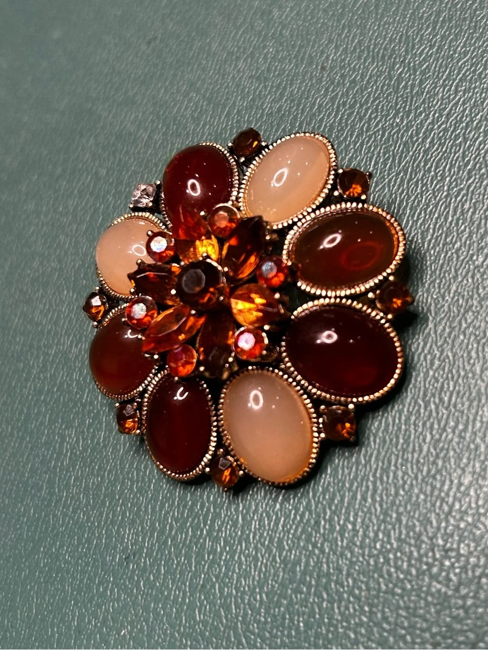 Vintage cabochon Flower Jelly Bean Rhinestone Convertible Brooch gold tone metal